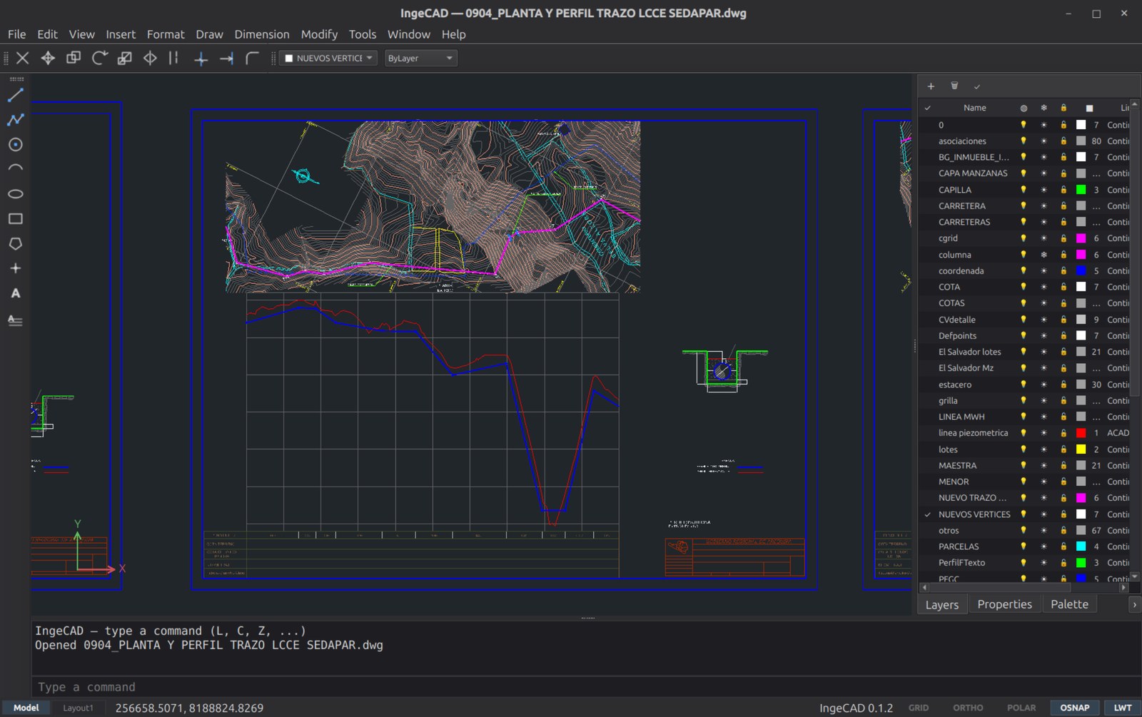 Plano topográfico de 10 847 entidades abierto en IngeCAD, con sus láminas de curvas de nivel y perfiles