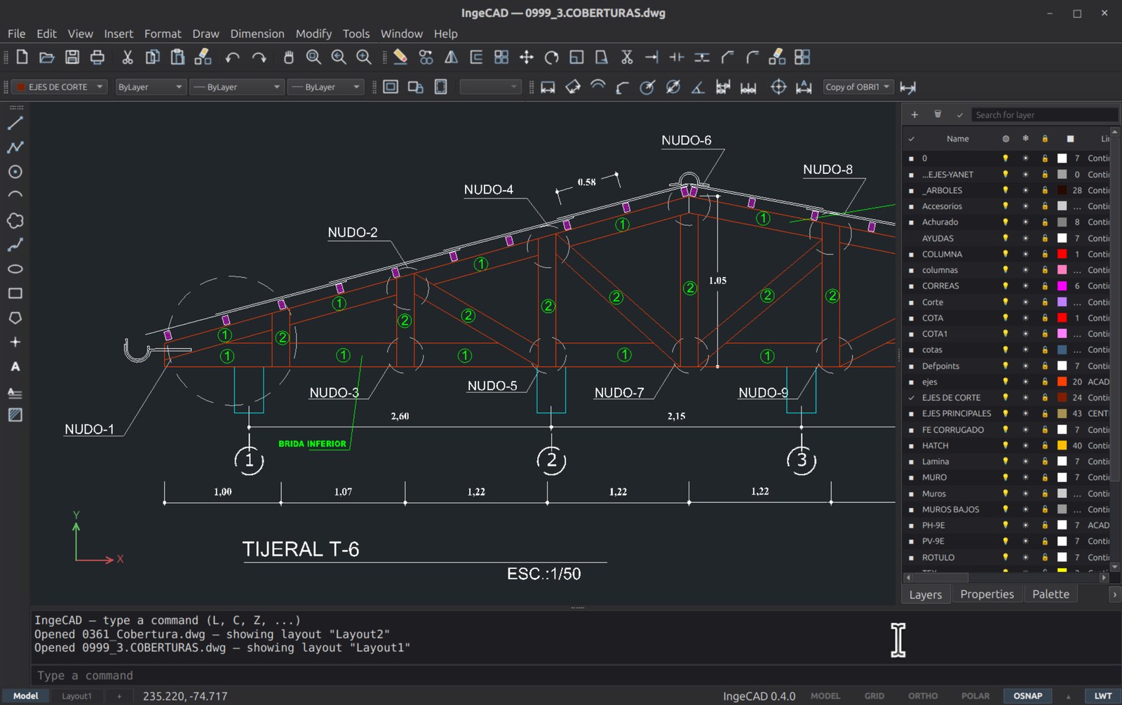 IngeCAD con un plano de estructuras abierto: el detalle de un tijeral con sus nudos numerados y acotados, la barra de propiedades con capa, color y grosor, y el administrador de capas